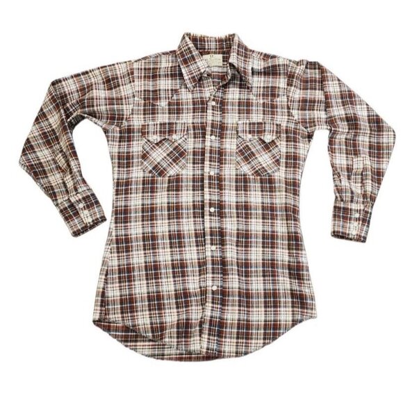 70s Vintage Dee Cee Western Striped Saw Tooth Pearl Snap Shirt S/M Plaid - Picture 1 of 7